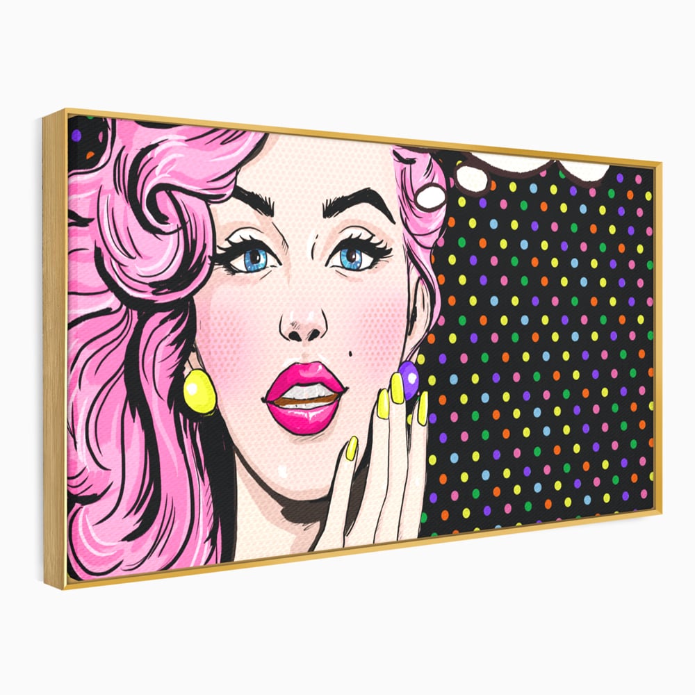 Tablou canvas cu ilustratie pop art cu femeie, in rama de aluminiu auriu